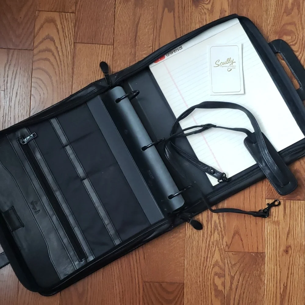 Scully leather travel zip binder, drop handles.